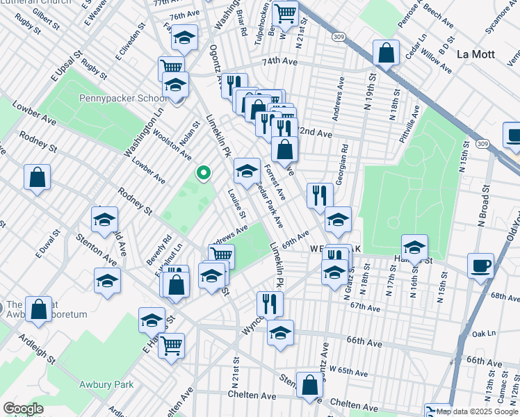 map of restaurants, bars, coffee shops, grocery stores, and more near 7015 Limekiln Pike in Philadelphia
