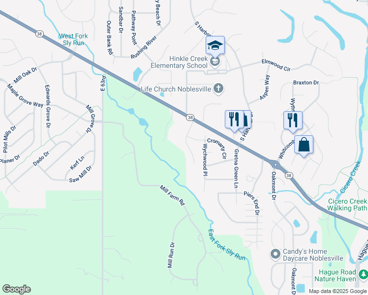 map of restaurants, bars, coffee shops, grocery stores, and more near 2233 Sheridan Road in Noblesville