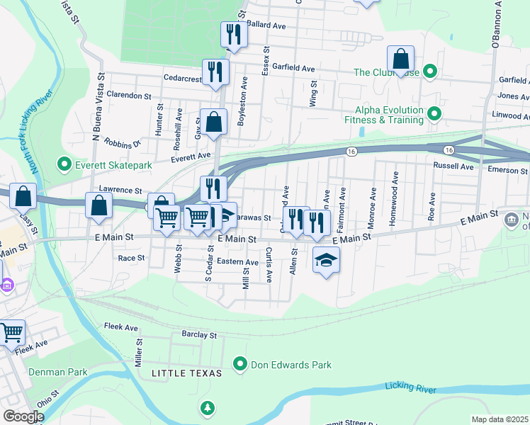 map of restaurants, bars, coffee shops, grocery stores, and more near 44 Dewey Avenue in Newark