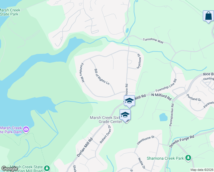 map of restaurants, bars, coffee shops, grocery stores, and more near 107 Bill of Rights Lane in Downingtown