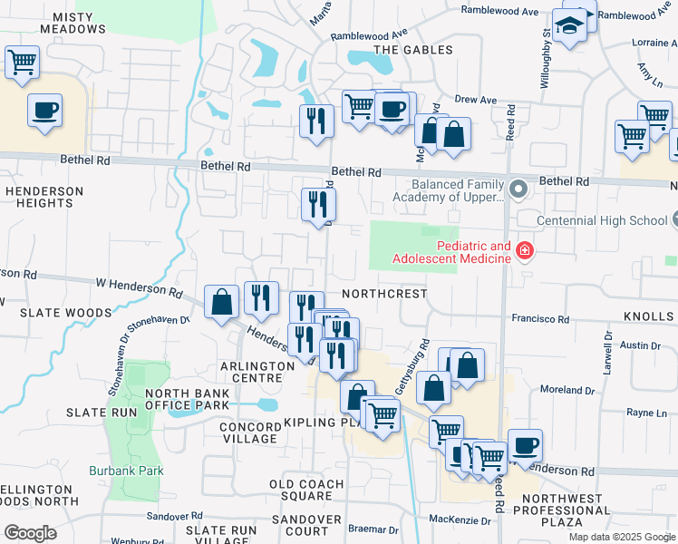 map of restaurants, bars, coffee shops, grocery stores, and more near 2066 Park Run Drive in Columbus