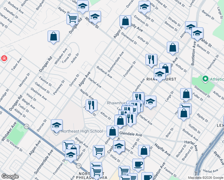 map of restaurants, bars, coffee shops, grocery stores, and more near 7810 Frontenac St in Philadelphia