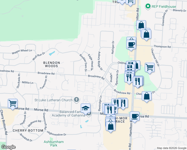 map of restaurants, bars, coffee shops, grocery stores, and more near 5658 Broadview Road in Columbus