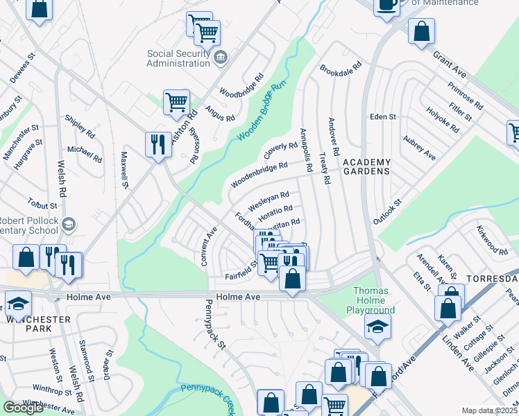 map of restaurants, bars, coffee shops, grocery stores, and more near 9211 Wesleyan Road in Philadelphia