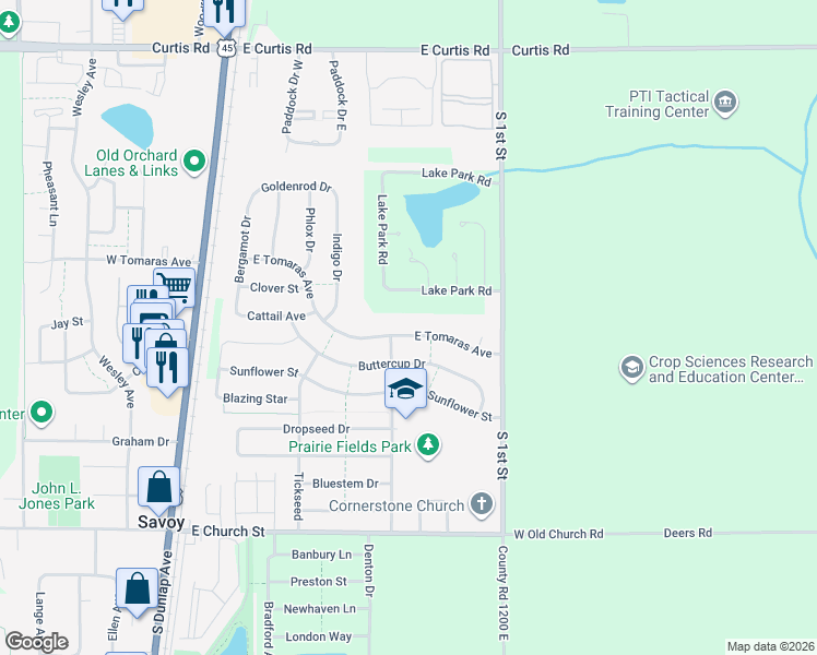 map of restaurants, bars, coffee shops, grocery stores, and more near 510 East Tomaras Avenue in Savoy