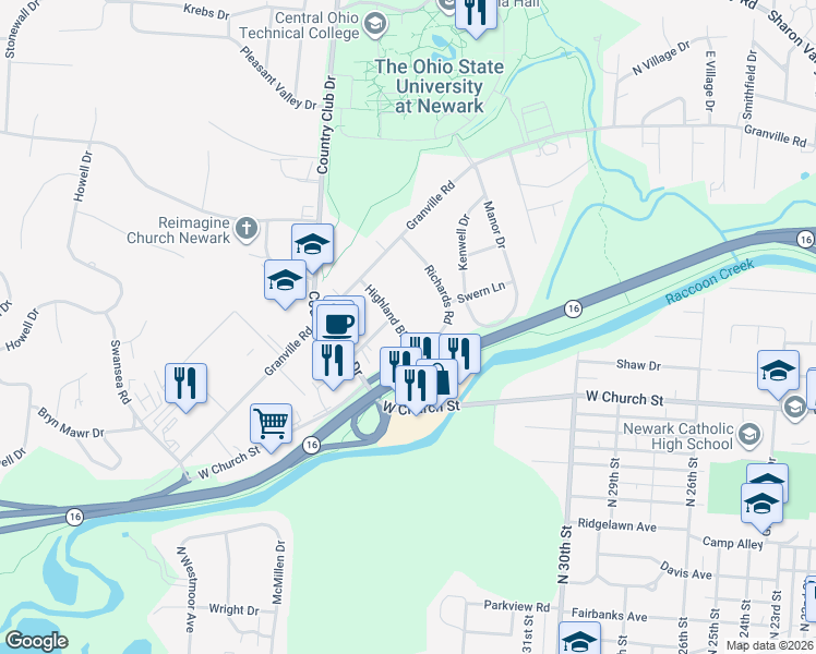map of restaurants, bars, coffee shops, grocery stores, and more near 572 Highland Boulevard in Newark