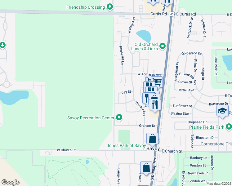 map of restaurants, bars, coffee shops, grocery stores, and more near 507 Cushing Drive in Savoy
