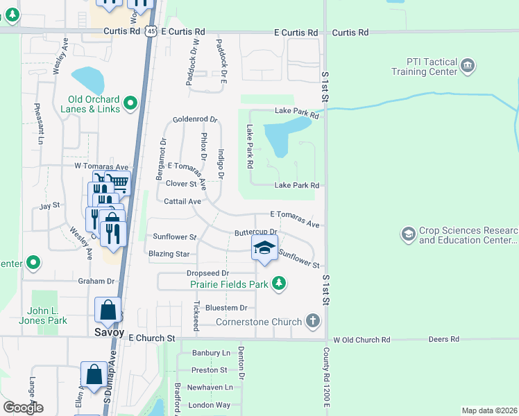 map of restaurants, bars, coffee shops, grocery stores, and more near 510 East Tomaras Avenue in Savoy