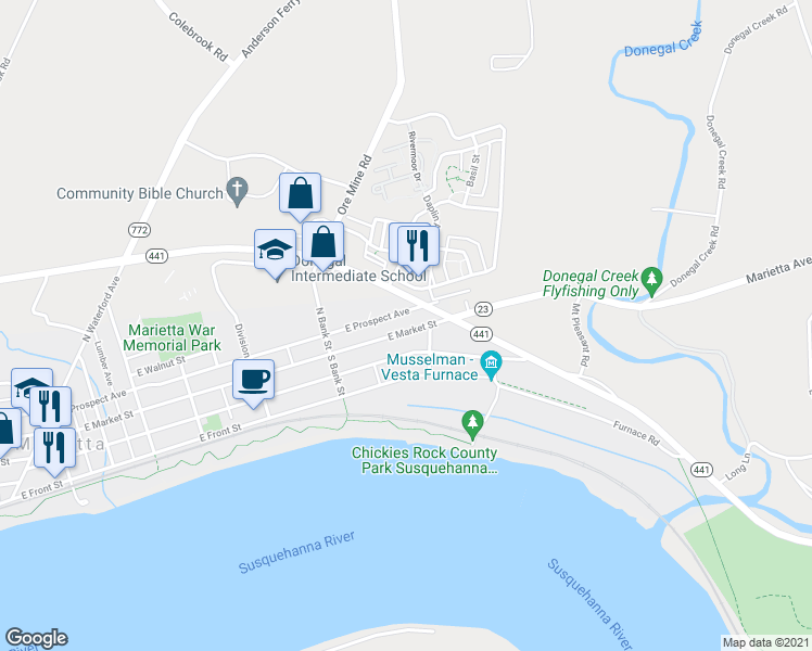 map of restaurants, bars, coffee shops, grocery stores, and more near 702 East Market Street in Marietta