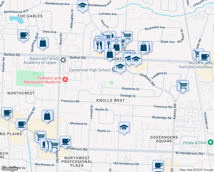 map of restaurants, bars, coffee shops, grocery stores, and more near 1512 Bradshire Drive in Columbus