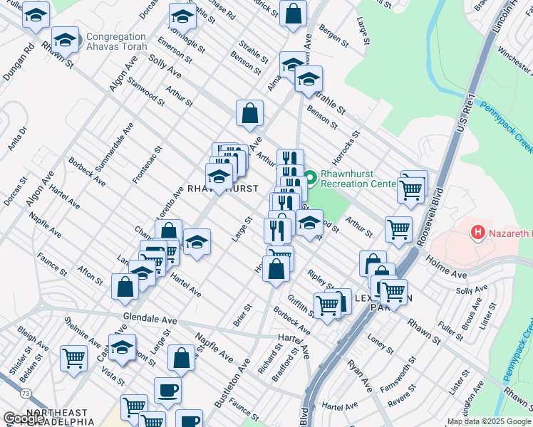map of restaurants, bars, coffee shops, grocery stores, and more near 2103 Rhawn Street in Philadelphia