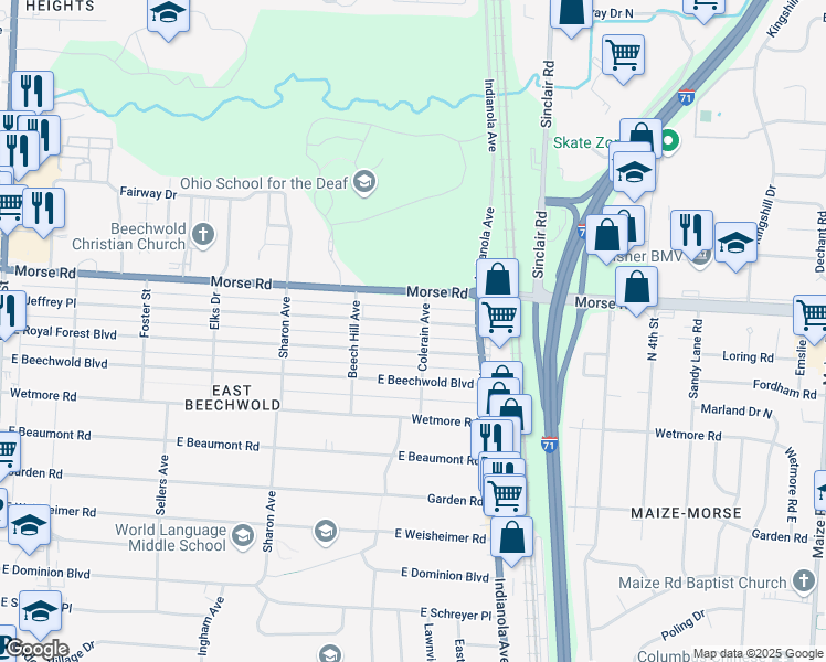 map of restaurants, bars, coffee shops, grocery stores, and more near 575 East Jeffrey Place in Columbus