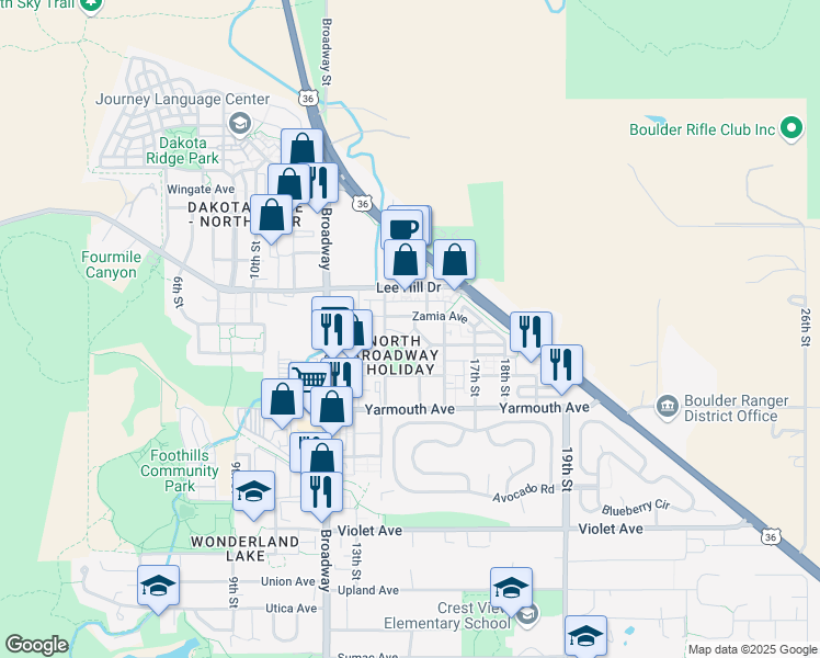 map of restaurants, bars, coffee shops, grocery stores, and more near 1474 Easy Rider Lane in Boulder