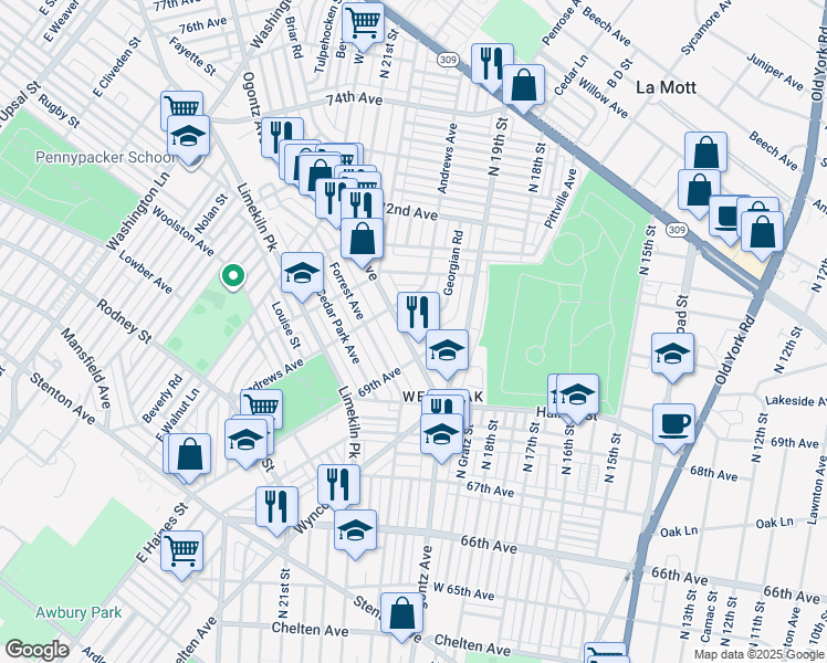 map of restaurants, bars, coffee shops, grocery stores, and more near 6929 Ogontz Avenue in Philadelphia