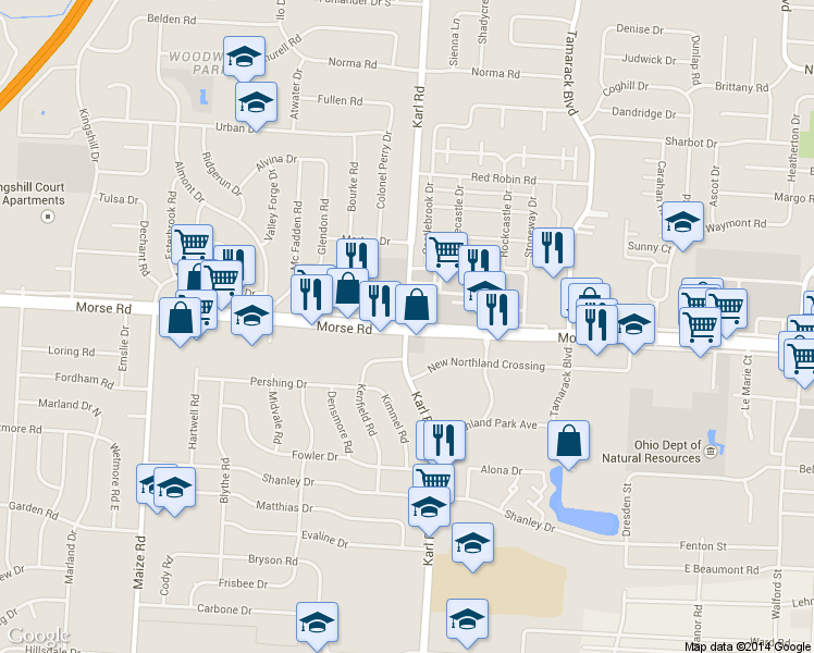 map of restaurants, bars, coffee shops, grocery stores, and more near 1585 Morse Road in Columbus