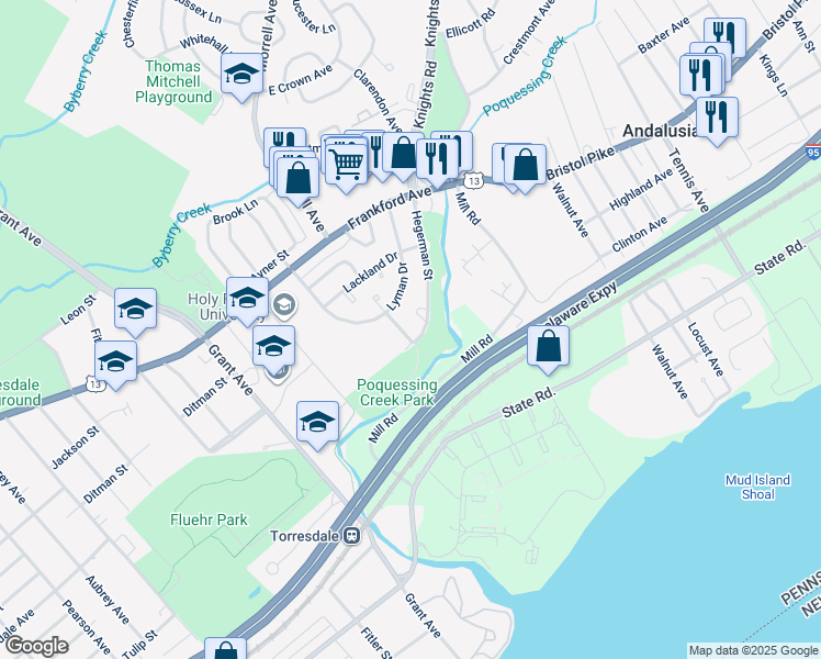 map of restaurants, bars, coffee shops, grocery stores, and more near 4729 Saint Denis Drive in Philadelphia