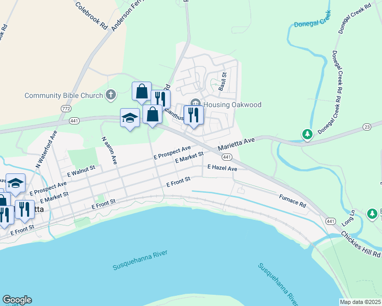 map of restaurants, bars, coffee shops, grocery stores, and more near 702 East Market Street in Marietta