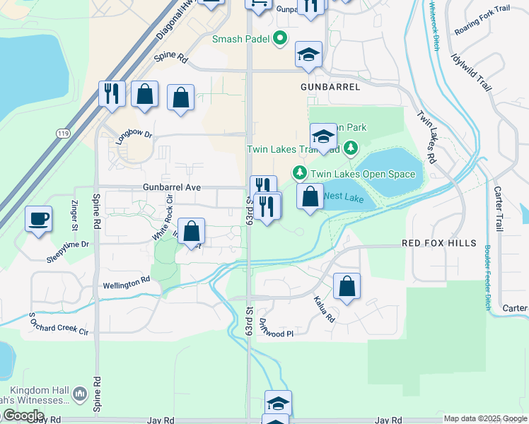 map of restaurants, bars, coffee shops, grocery stores, and more near 4725 Nautilus Court South in Boulder