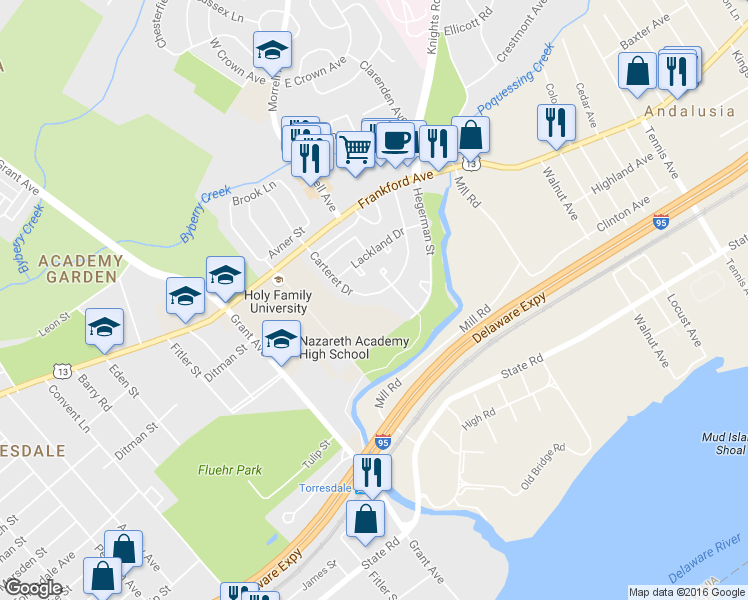 map of restaurants, bars, coffee shops, grocery stores, and more near 4240 Carteret Drive in Philadelphia