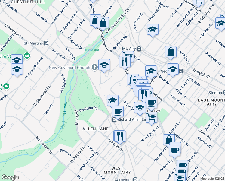 map of restaurants, bars, coffee shops, grocery stores, and more near 92 West Gowen Avenue in Philadelphia