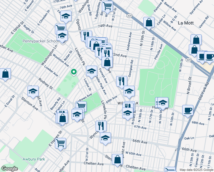 map of restaurants, bars, coffee shops, grocery stores, and more near 6970 Forrest Avenue in Philadelphia