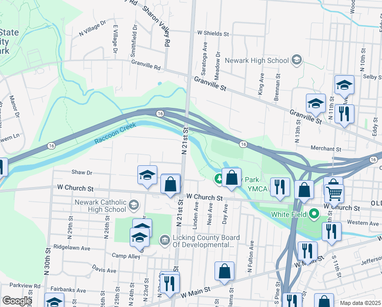 map of restaurants, bars, coffee shops, grocery stores, and more near 330 North 21st Street in Newark