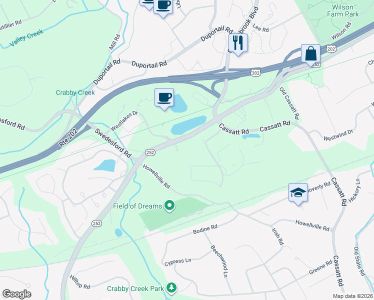 map of restaurants, bars, coffee shops, grocery stores, and more near 1160 Swedesford Road in Berwyn