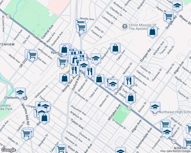 map of restaurants, bars, coffee shops, grocery stores, and more near 7312 Lawndale Avenue in Philadelphia