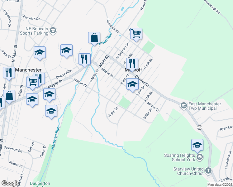 map of restaurants, bars, coffee shops, grocery stores, and more near 151 South 4th Street in Manchester