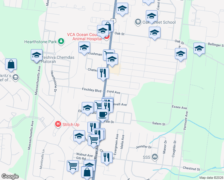 map of restaurants, bars, coffee shops, grocery stores, and more near 11 Ford Avenue in Lakewood Township