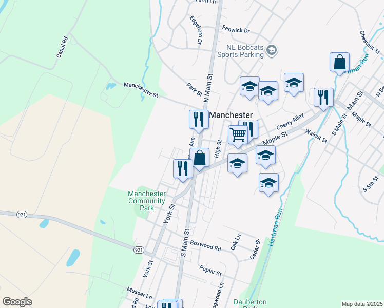 map of restaurants, bars, coffee shops, grocery stores, and more near 38 Pennsylvania 181 in Manchester