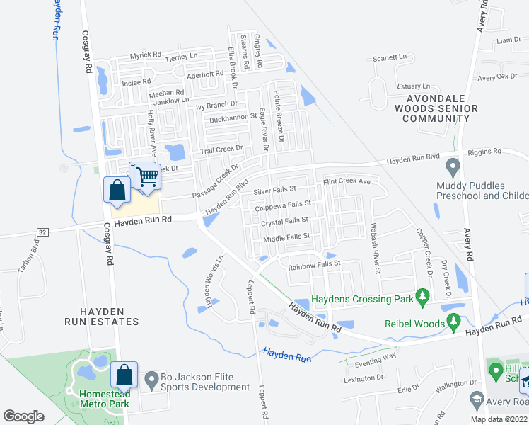 map of restaurants, bars, coffee shops, grocery stores, and more near 5347 Staircase Falls Drive in Dublin