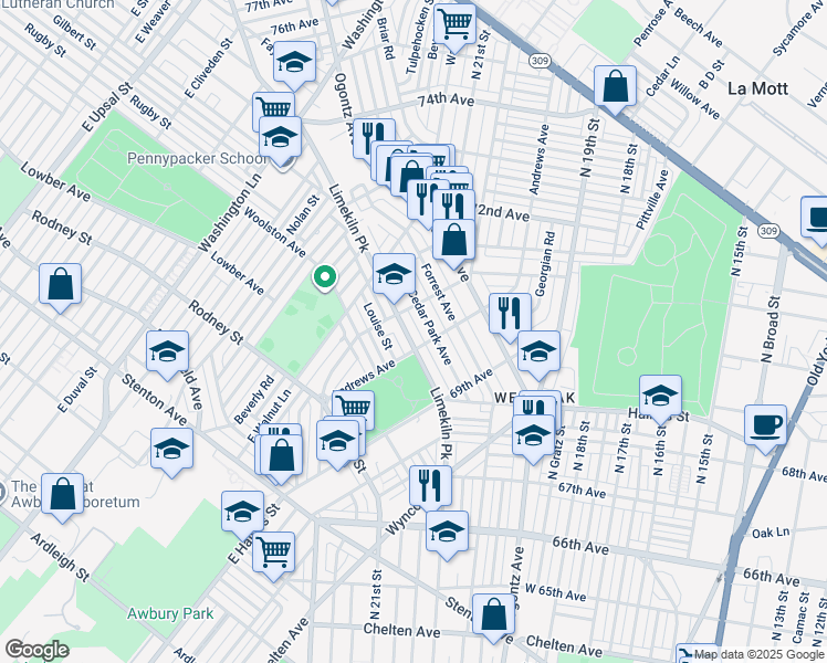 map of restaurants, bars, coffee shops, grocery stores, and more near 7019 Limekiln Pike in Philadelphia