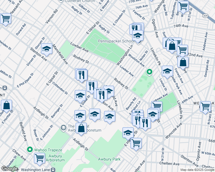 map of restaurants, bars, coffee shops, grocery stores, and more near 1501 East Mayland Street in Philadelphia