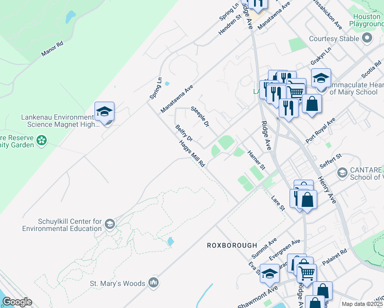 map of restaurants, bars, coffee shops, grocery stores, and more near 8520 Hagys Mill Road in Philadelphia