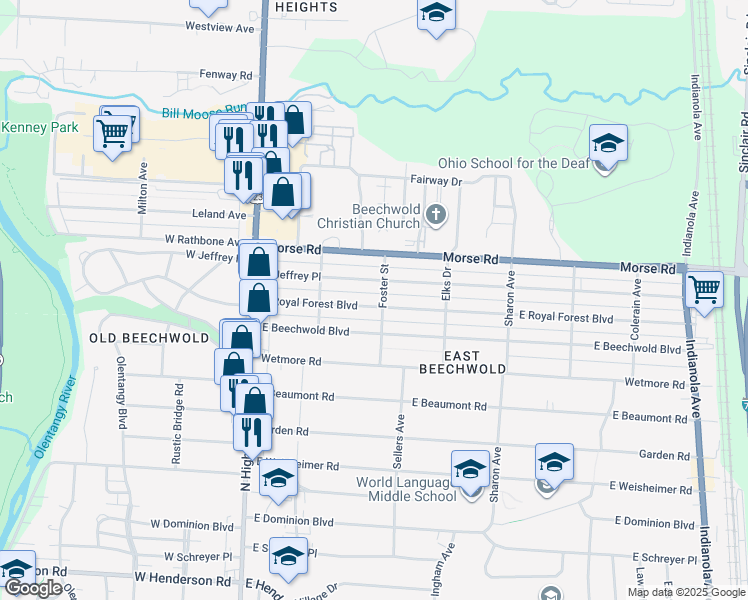 map of restaurants, bars, coffee shops, grocery stores, and more near 182 East Royal Forest Boulevard in Columbus