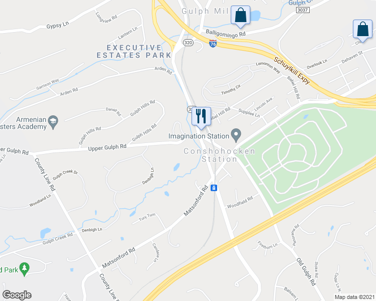 map of restaurants, bars, coffee shops, grocery stores, and more near 119 Upper Gulph Road in Wayne