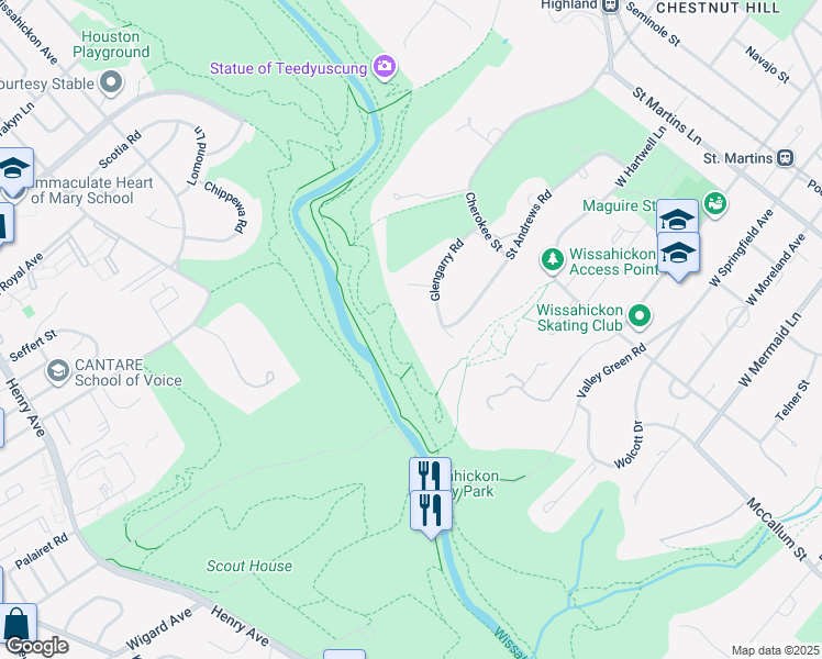 map of restaurants, bars, coffee shops, grocery stores, and more near 723 Glengarry Road in Philadelphia