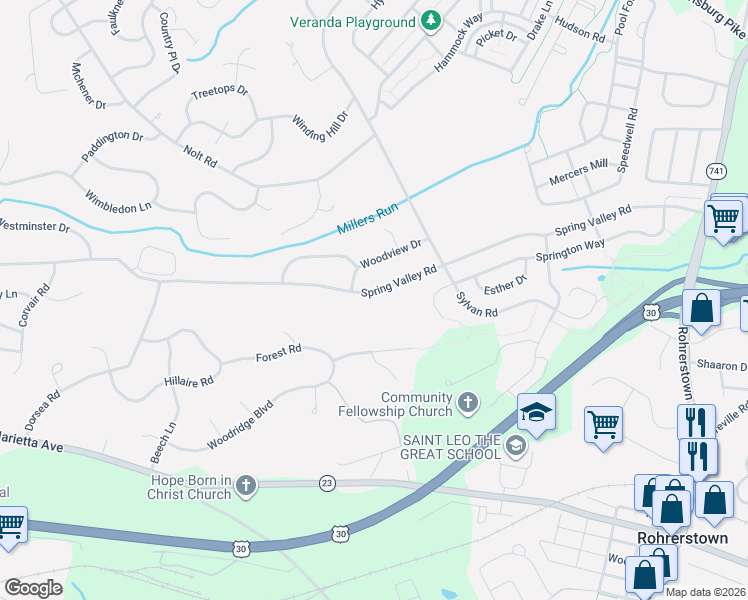 map of restaurants, bars, coffee shops, grocery stores, and more near 2600 Spring Valley Road in Lancaster