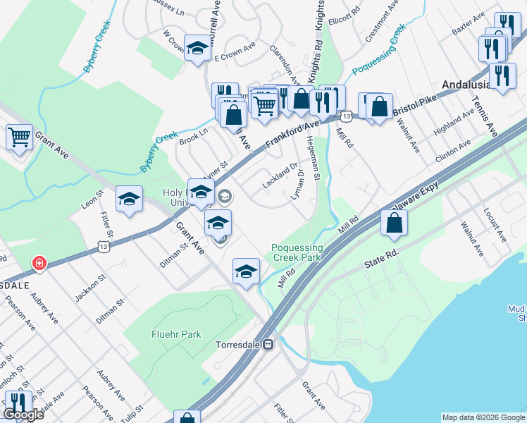 map of restaurants, bars, coffee shops, grocery stores, and more near 4220 Carteret Drive in Philadelphia