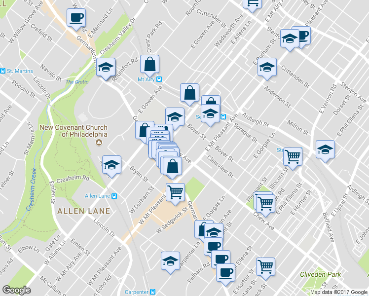 map of restaurants, bars, coffee shops, grocery stores, and more near 111 E Durham St in Philadelphia