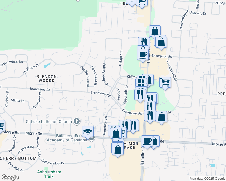 map of restaurants, bars, coffee shops, grocery stores, and more near 4082 Domain Drive in Columbus