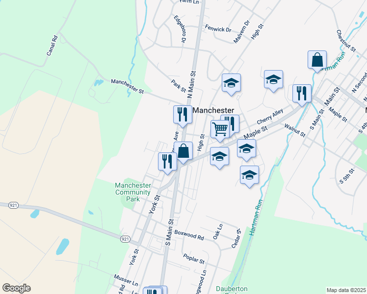 map of restaurants, bars, coffee shops, grocery stores, and more near 39 North Main Street in Manchester