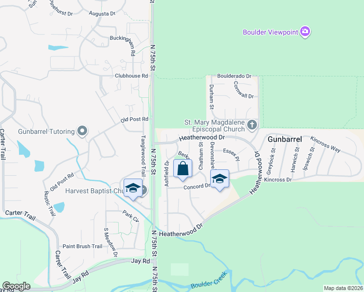 map of restaurants, bars, coffee shops, grocery stores, and more near 4727 Berkshire Court in Boulder