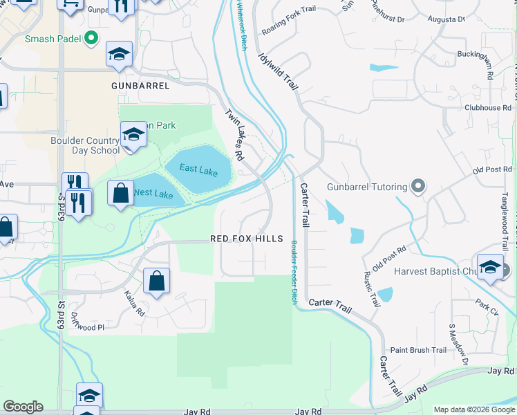 map of restaurants, bars, coffee shops, grocery stores, and more near 4729 Quail Creek Road in Boulder