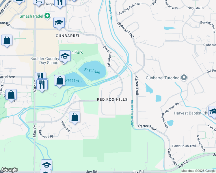 map of restaurants, bars, coffee shops, grocery stores, and more near 4736 Tally Ho Court in Boulder