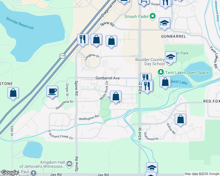 map of restaurants, bars, coffee shops, grocery stores, and more near 4700 White Rock Circle in Boulder