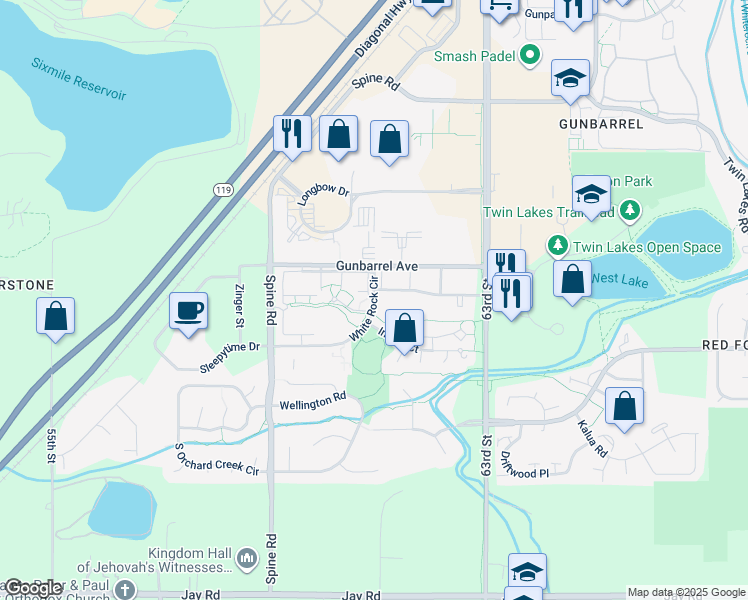 map of restaurants, bars, coffee shops, grocery stores, and more near 4700 White Rock Circle in Boulder
