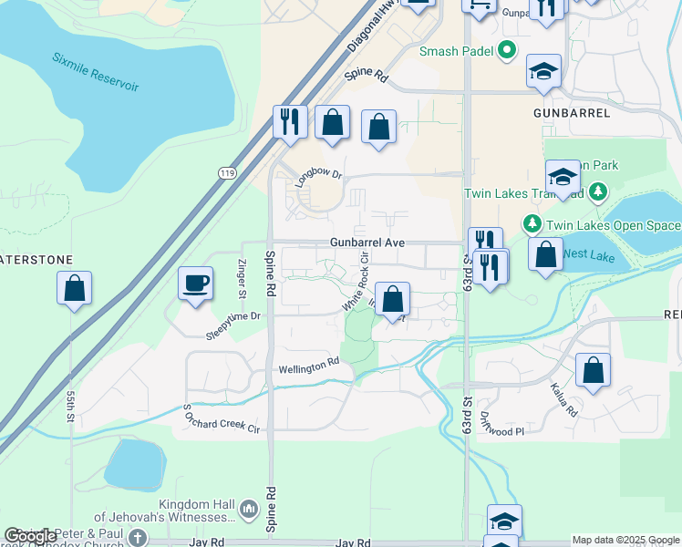 map of restaurants, bars, coffee shops, grocery stores, and more near 4879 White Rock Circle in Boulder