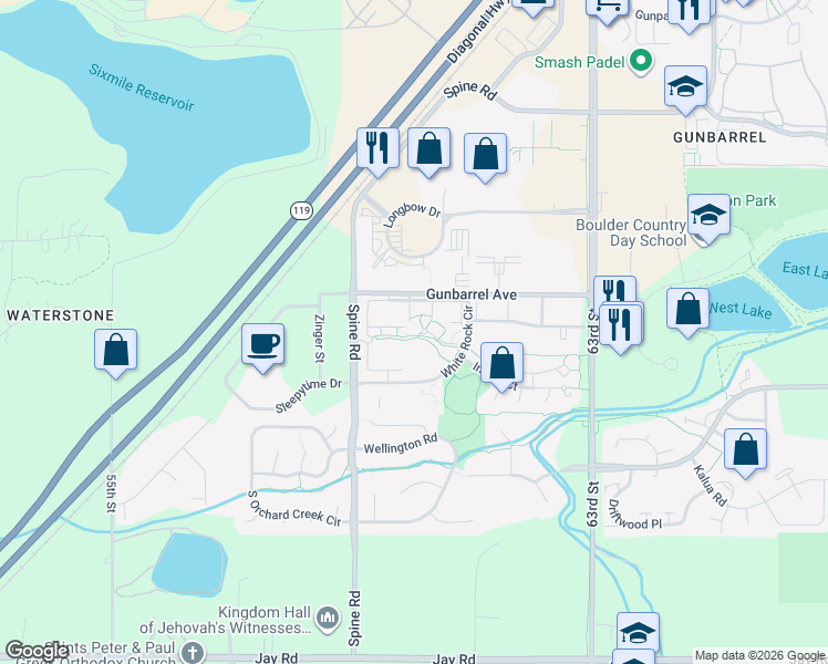 map of restaurants, bars, coffee shops, grocery stores, and more near 4795 White Rock Circle in Boulder
